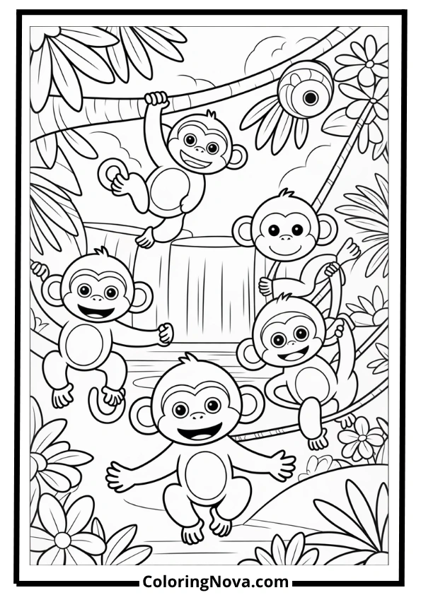 Monkey Family in Trees Coloring Page