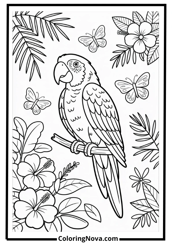 Parrot on Jungle Branch Coloring Page