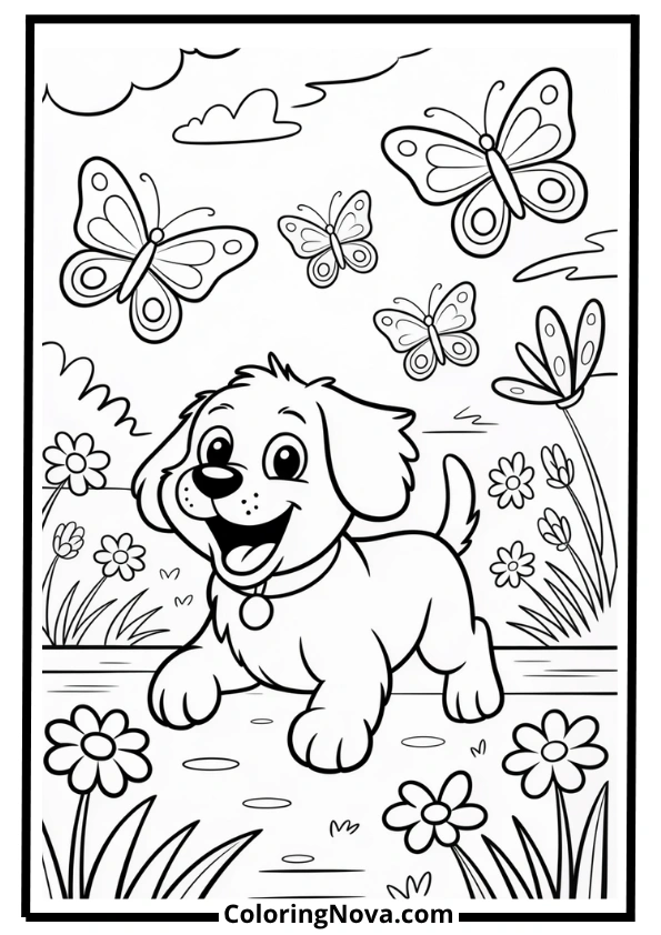 Playful Dog Chasing Butterflies Coloring Page