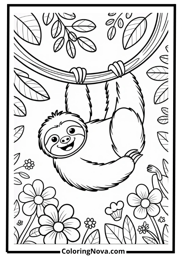 Playful Sloth in Jungle Coloring Page