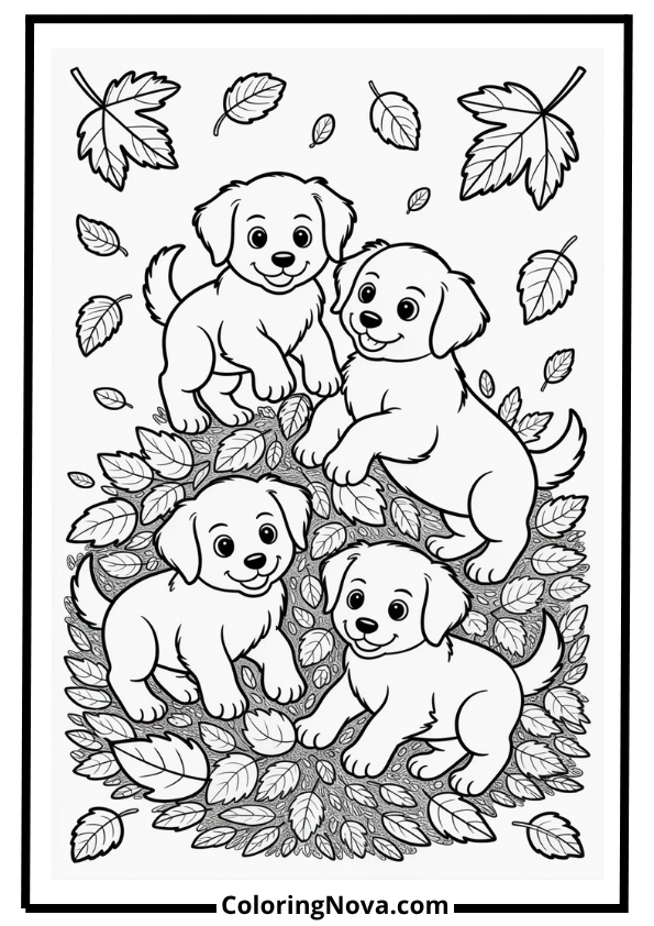 Puppies in Autumn Leaves Coloring Page