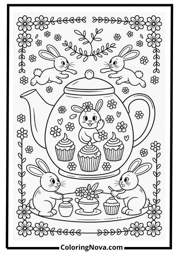 Rabbit Tea Party in a Teapot coloring page