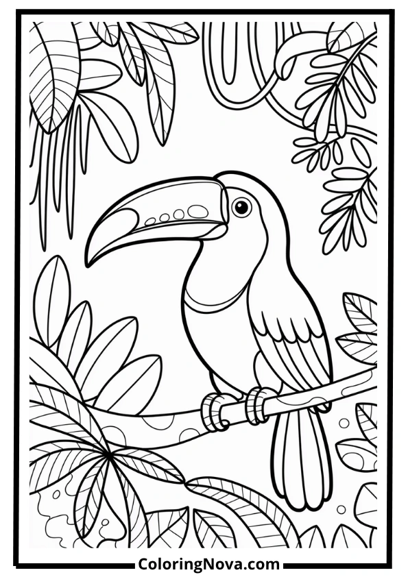Toucan in Rainforest Canopy Coloring Page
