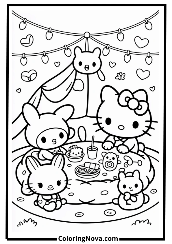 My Melody and Friends Having a Sleepover Coloring Page
