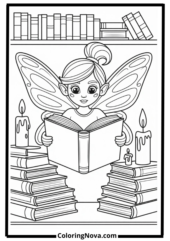 Enchanted Library Fairy Coloring Page