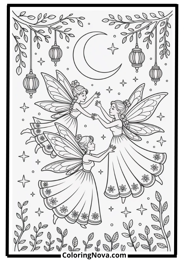Moonlit Fairy Dance Coloring Page