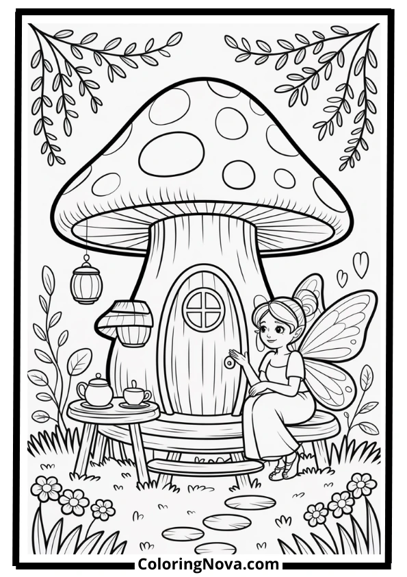 Mushroom House Fairy Coloring Page