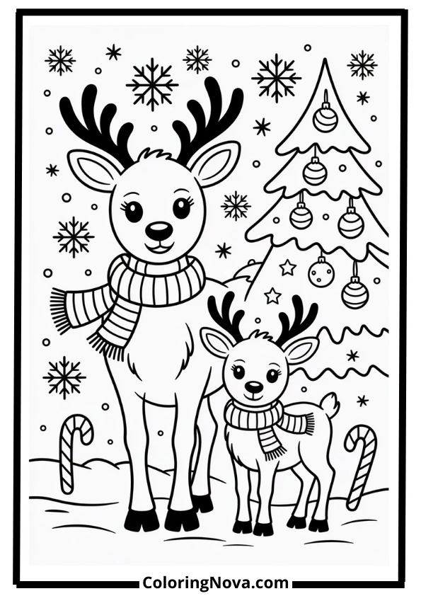 Reindeer Family in Snow Christmas Coloring Pages