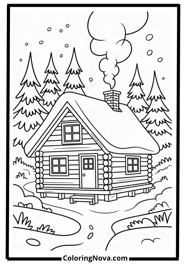 Snowy Cabin Coloring Page