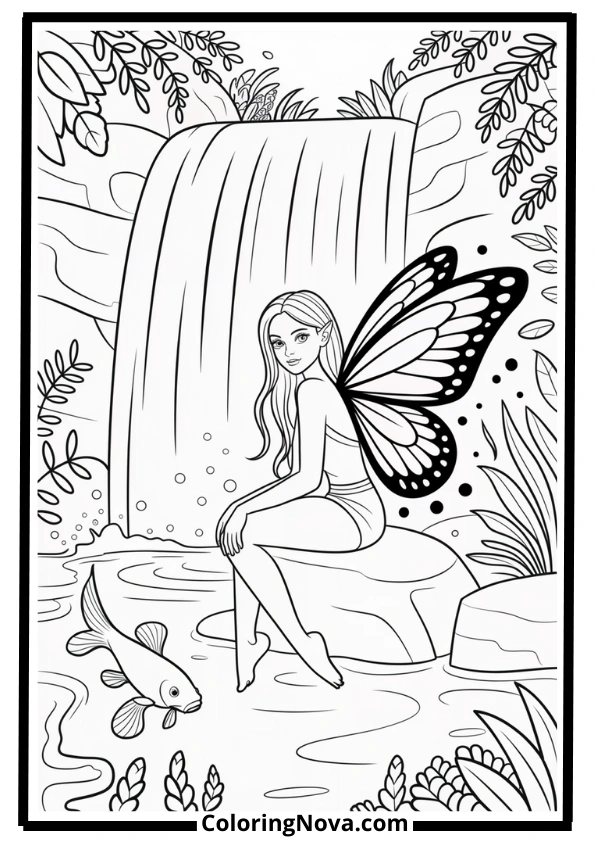 Waterfall Fairy Coloring Page