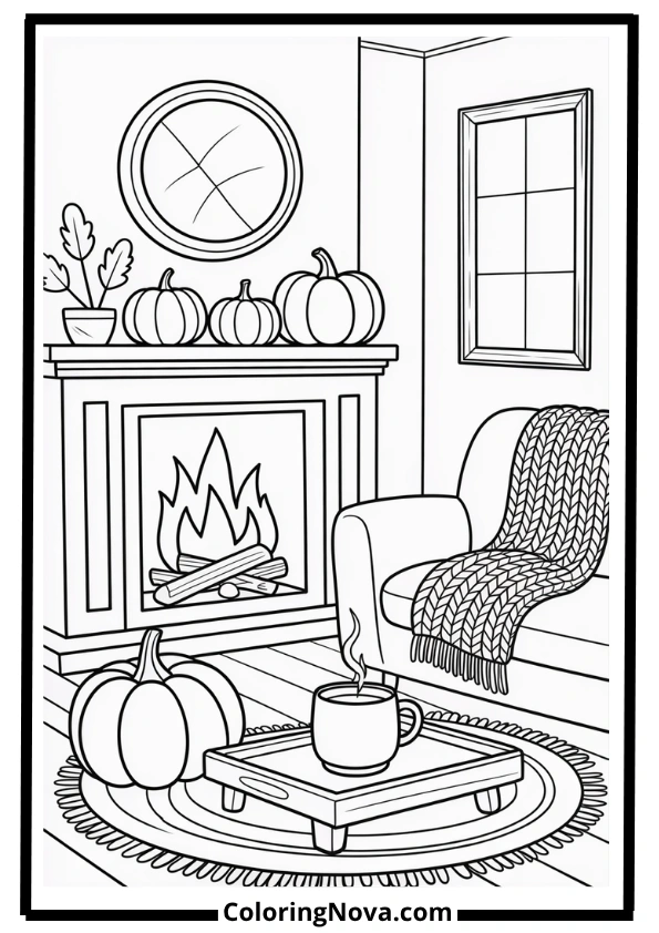 Autumn Cozy Living Room Coloring Page