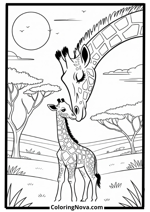 Baby Giraffe and Mother Under Sunset Coloring Page
