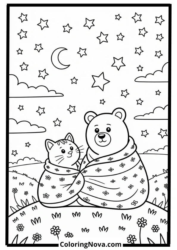 Bear and Cat Stargazing Coloring Page