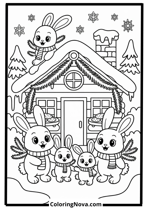 Bunny Family Decorating Cabin Coloring Page
