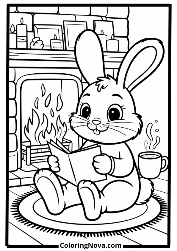 Bunny by Fireplace Coloring Page