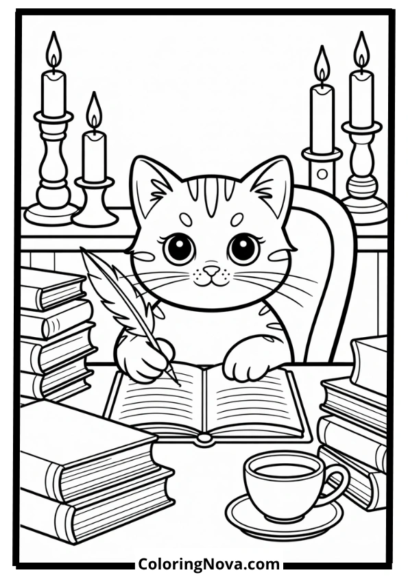 Cat Writing Diary Coloring Page