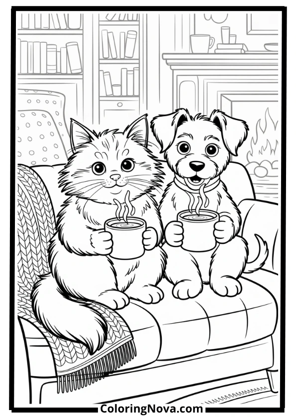 Cat and Dog Sharing Hot Cocoa Coloring Page