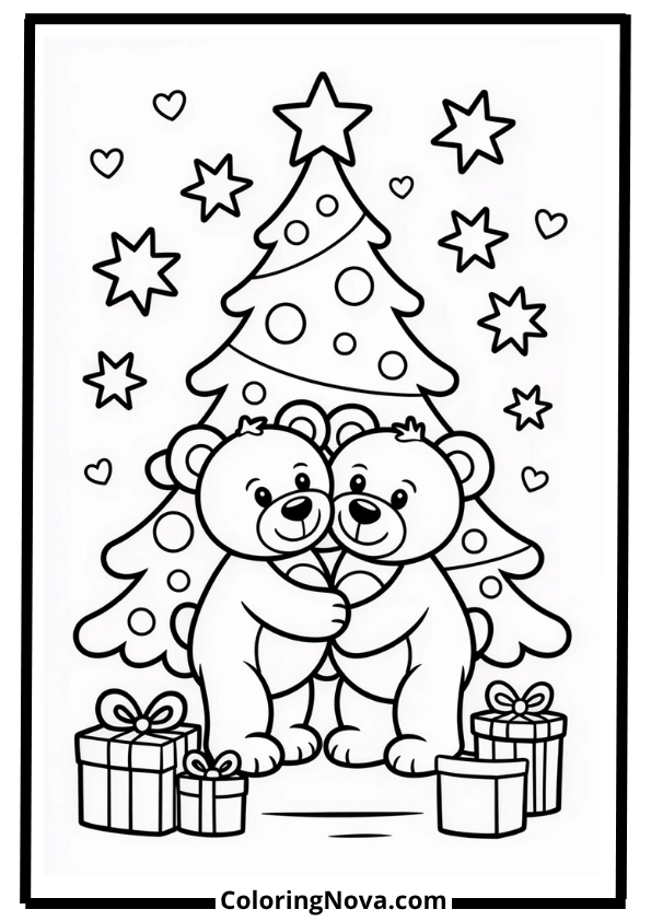 Christmas Tree with Bears Coloring Page