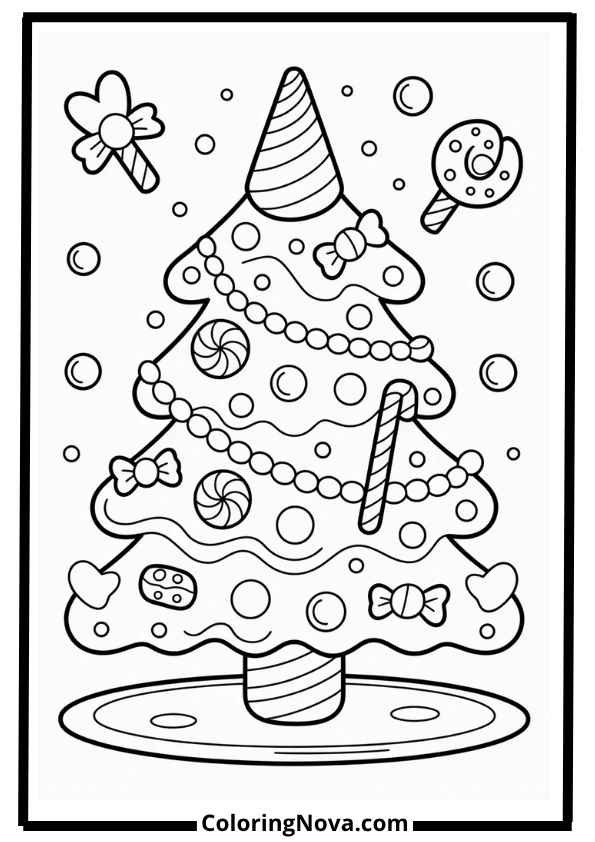 Christmas Tree with Candy Land Theme Coloring Page
