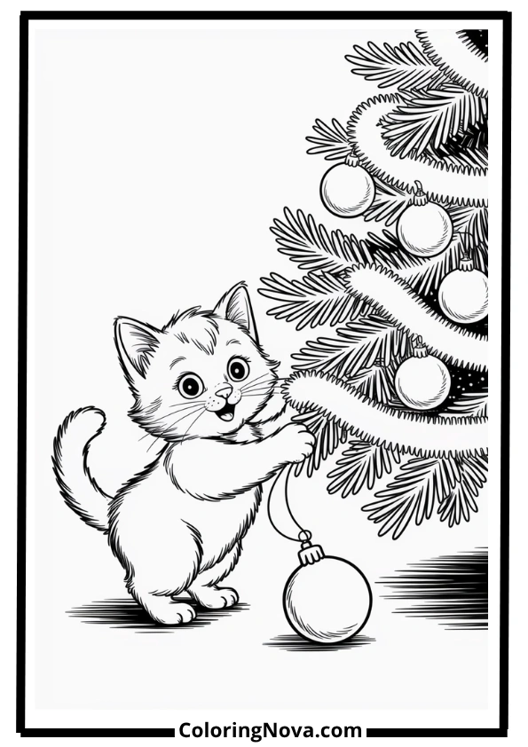 Christmas Tree with Cat Playing Coloring Page