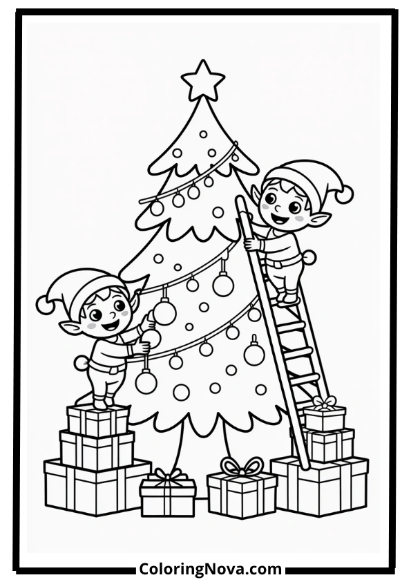 Christmas Tree with Elf Helpers Coloring Page
