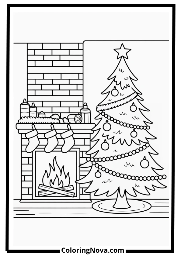 Christmas Tree with Fireplace Coloring Page