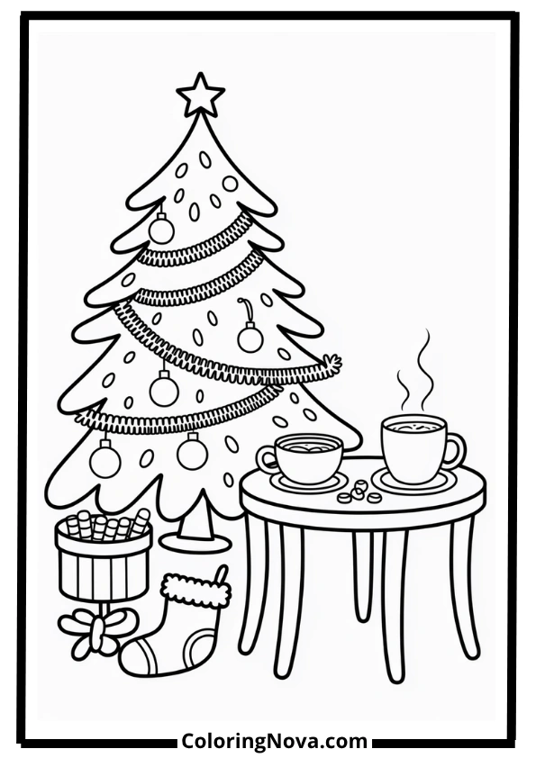 Christmas Tree with Hot Cocoa Table Coloring Page