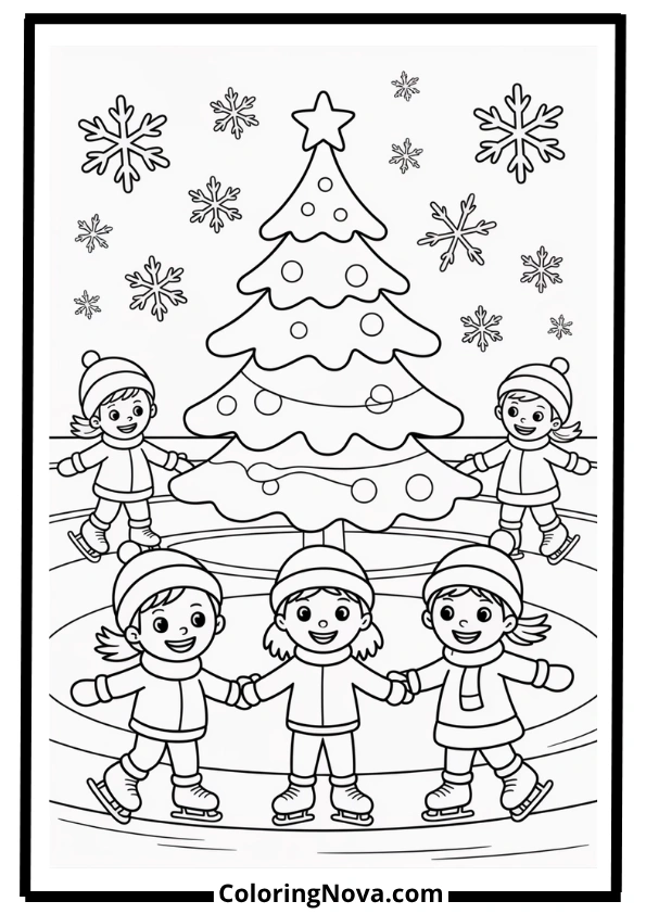 Christmas Tree with Ice Skaters Coloring Page