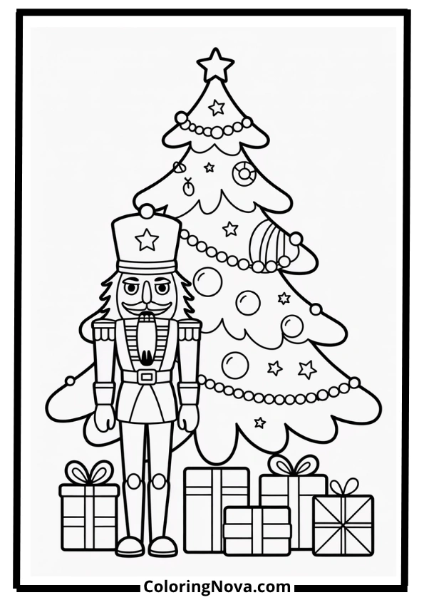 Christmas Tree with Nutcracker Coloring Page