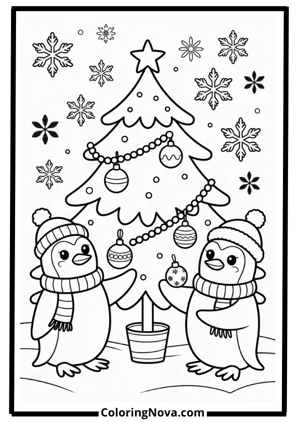 Christmas Tree with Penguins Coloring Page