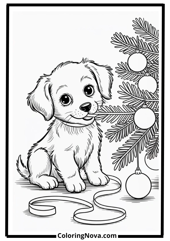 Christmas Tree with Puppy Coloring Page