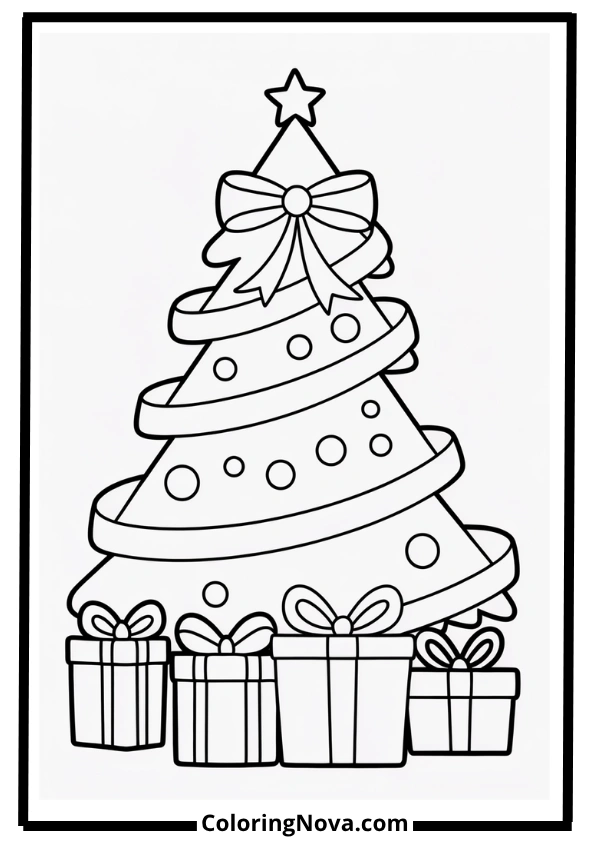 Christmas Tree with Ribbon Garland Coloring Page