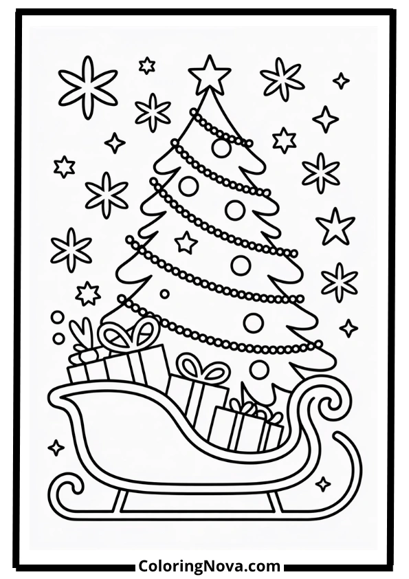 Christmas Tree with Sleigh Coloring Page