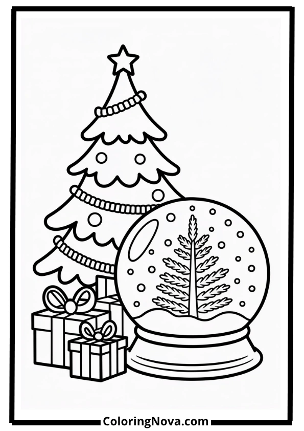 Christmas Tree with Snow Globe Coloring Page