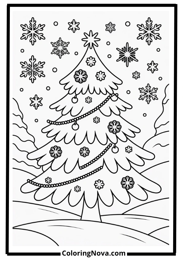 Christmas Tree with Snowflakes Coloring Page