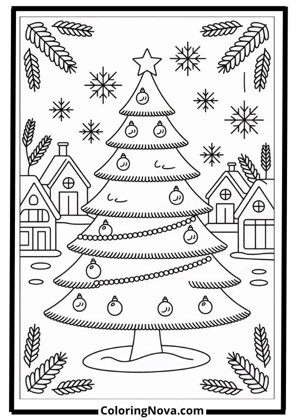 Christmas Tree with Snowy Village Coloring Page