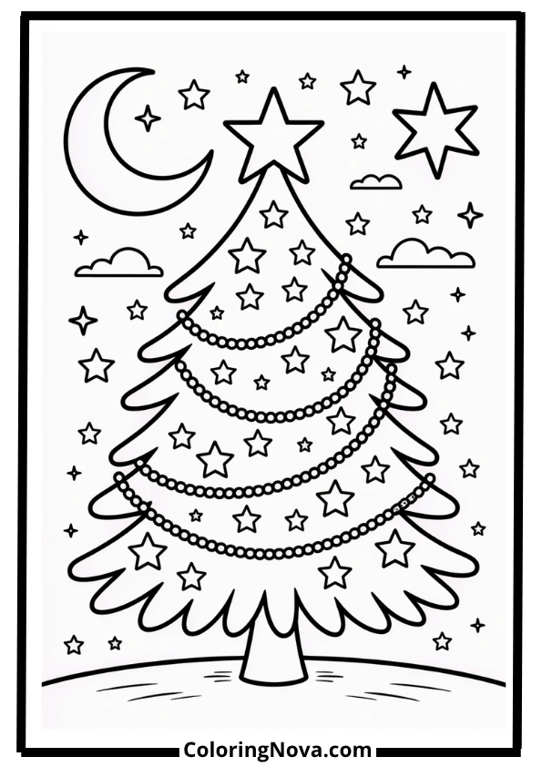Christmas Tree with Stars and Moon Coloring Page