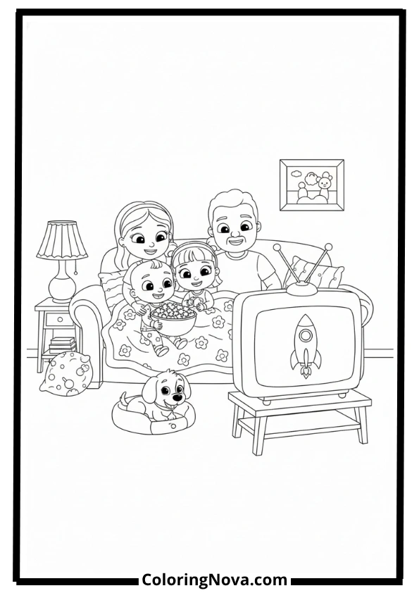 Cocomelon Family Movie Night Coloring Page