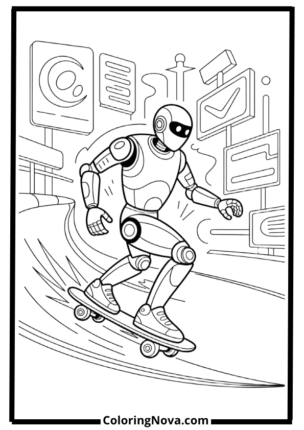 Cool Robot Skateboarding Coloring Pages