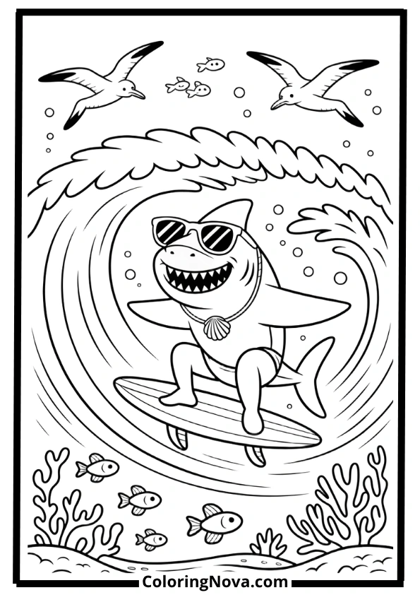 Cool Shark with Surfboard Coloring Pages