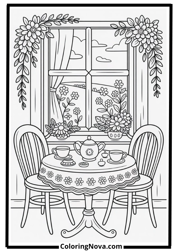 Cottage Tea Time Coloring Page