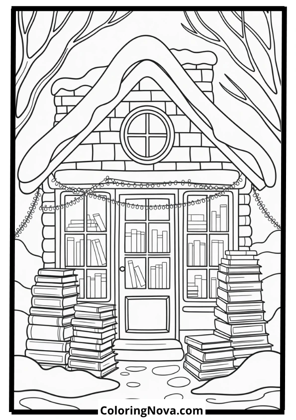 Cozy Bookshop in the Snow Coloring Page