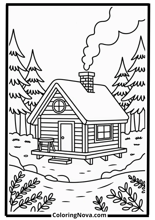 Cozy Cabin in the Woods Coloring Page