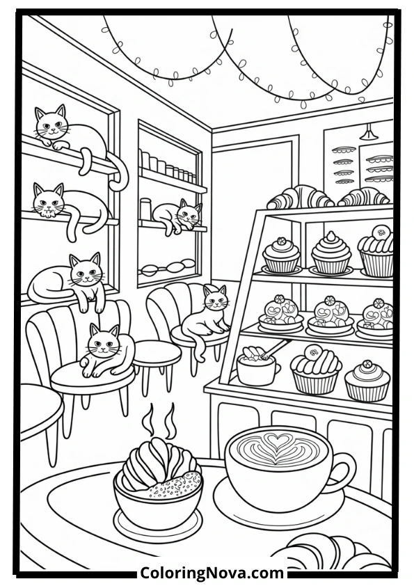 Cozy Cat Café Coloring Page