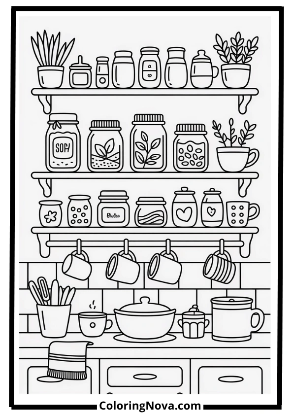 Cozy Kitchen Shelves Coloring Page