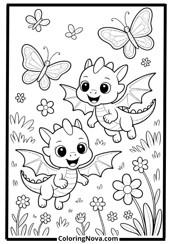Cute Baby Dragons Playing Coloring Pages