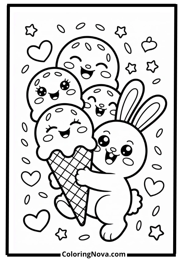 Cute Bunny with Ice Cream Coloring Pages