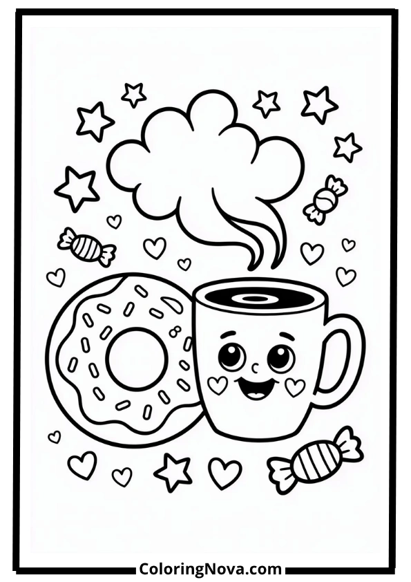 Cute Donut & Coffee Friends Coloring Pages