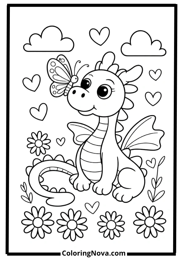 Cute Dragon with Butterflies Coloring Pages