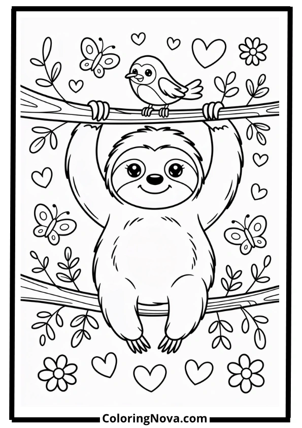 Cute Sloth on a Branch Coloring Pages